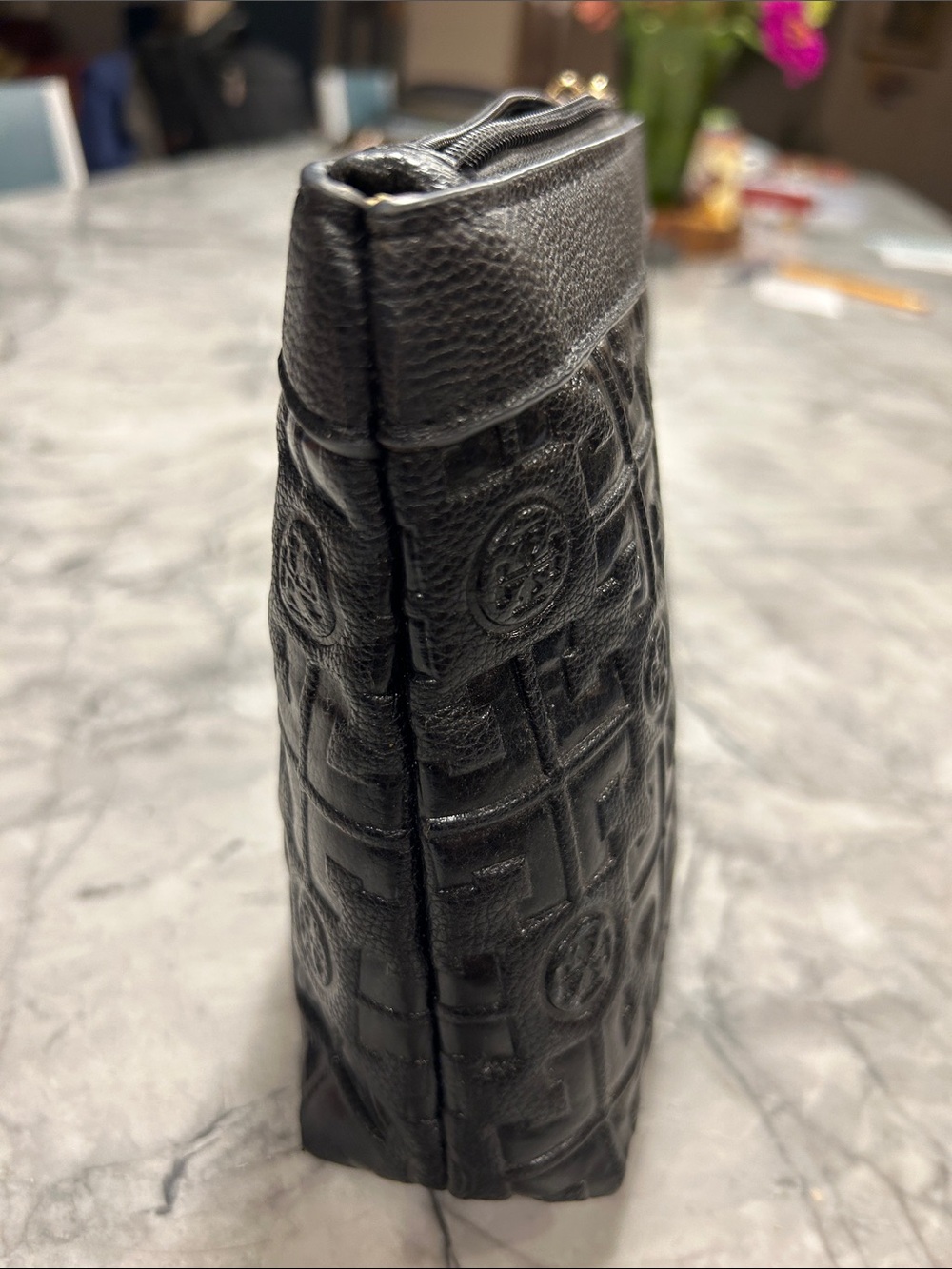 Tory Burch Black embossed leather Logo Pouch with Gold Tory Burch logo Accent. - Picture 7 of 12